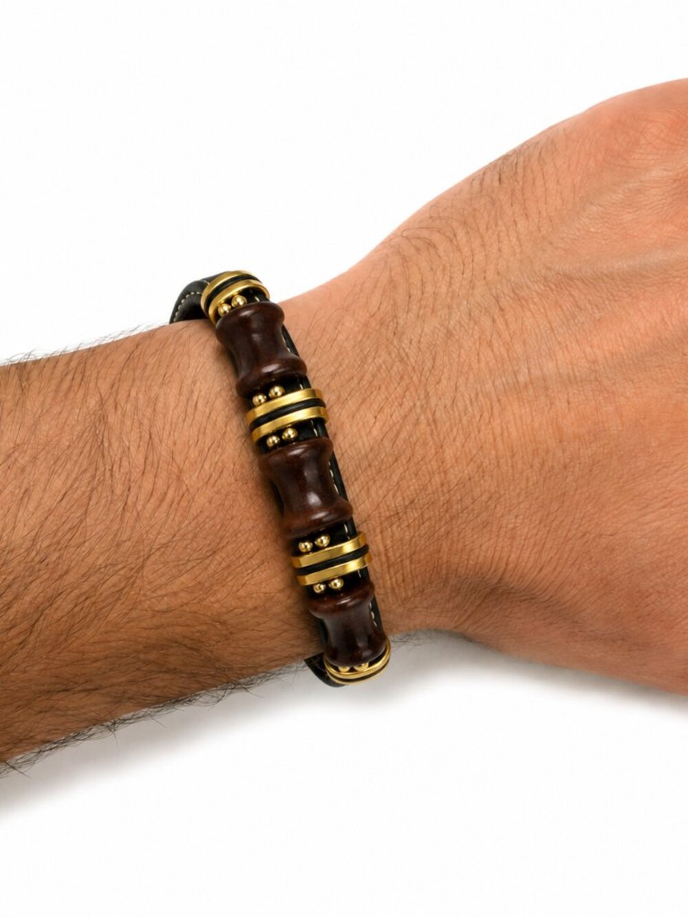 Black & Brown Bracelet Gold-Tone Accents Contrast Stitching